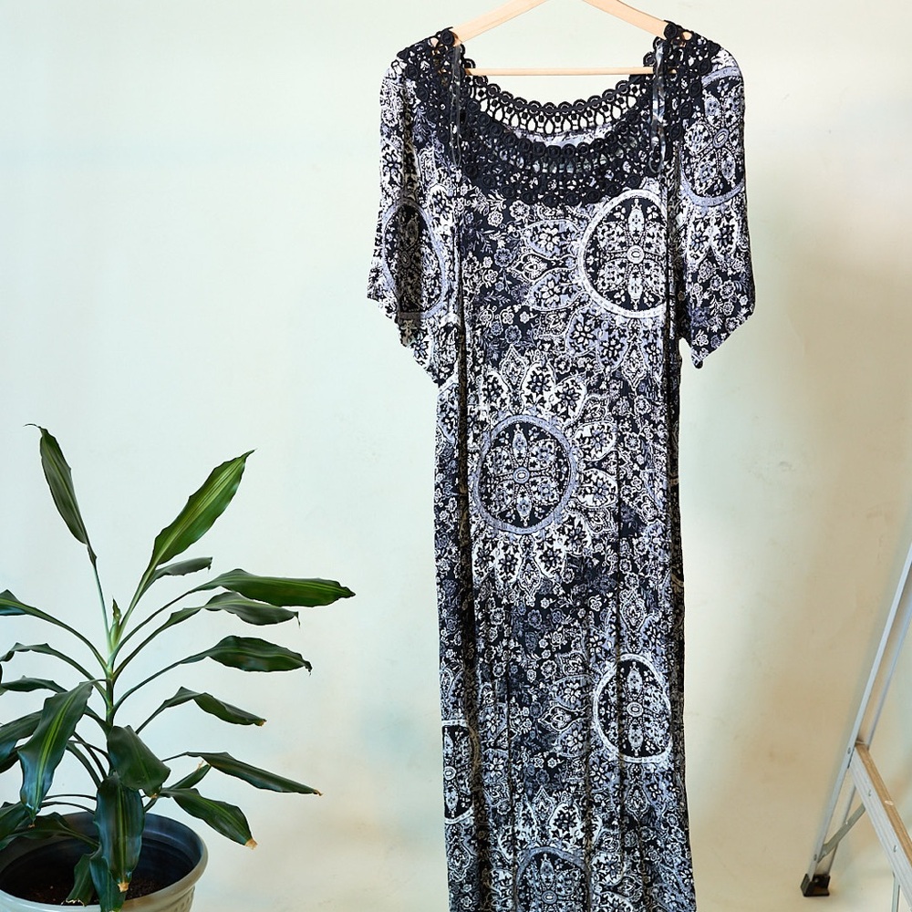 Catherines Black and White Maxi Dress with Intricate Patterns